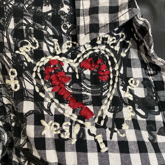 Desigual plaid black/white embroidery details, roll tap sleeves Size M - Picture 3 of 17